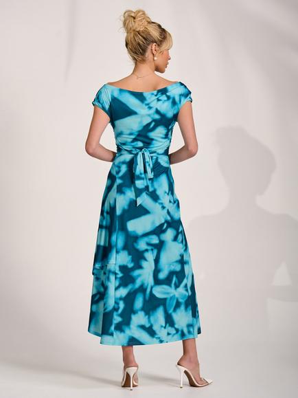 Jolie Moi Cowl Neck Draped Midi Dress, Teal Abstract - view 2, Teal Abstract