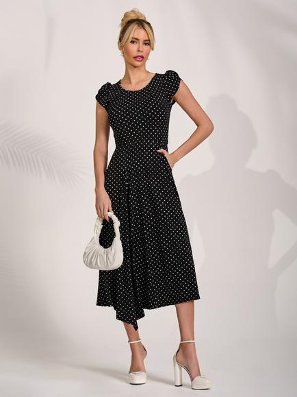 Jolie Moi Round Neck Pleat Detail Jersey Dress, Black Spot, Black Spot