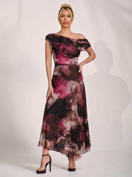 Jolie Moi Pleated Shoulder Mesh Maxi Dress, Pink Abstract, Pink Abstract