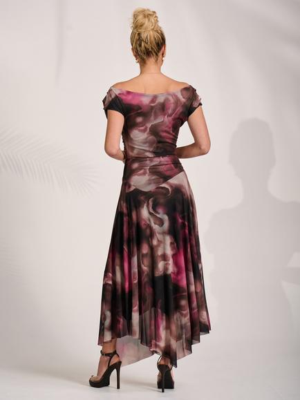 Jolie Moi Pleated Shoulder Mesh Maxi Dress, Pink Abstract - view 2, Pink Abstract