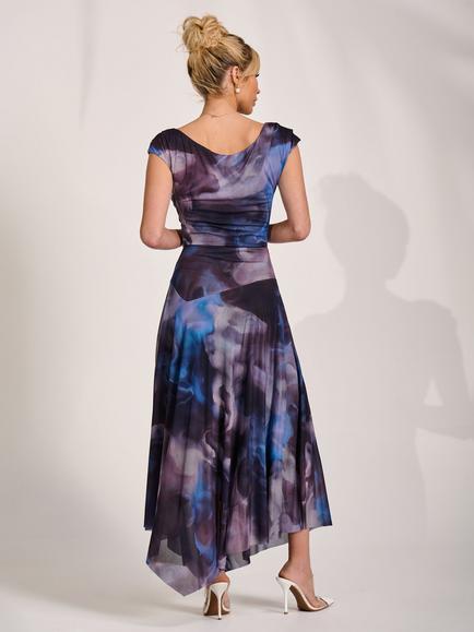 Jolie Moi Pleated Shoulder Mesh Maxi Dress, Blue Abstract - view 2, Blue Abstract