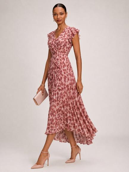 Jolie Moi V-Neck Tie Back Pleated Maxi Dress, Pink Floral, Pink Floral