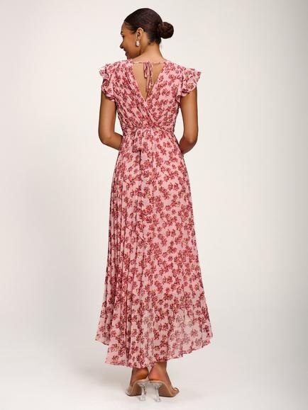 Jolie Moi V-Neck Tie Back Pleated Maxi Dress, Pink Floral - view 2, Pink Floral