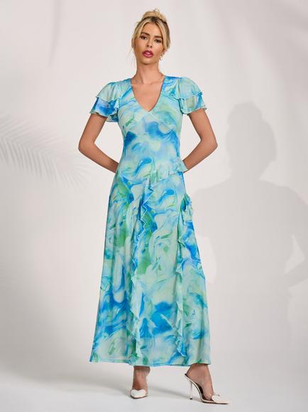 Jolie Moi V-Neck Ruffle Maxi Dress, Blue Abstract, Blue Abstract