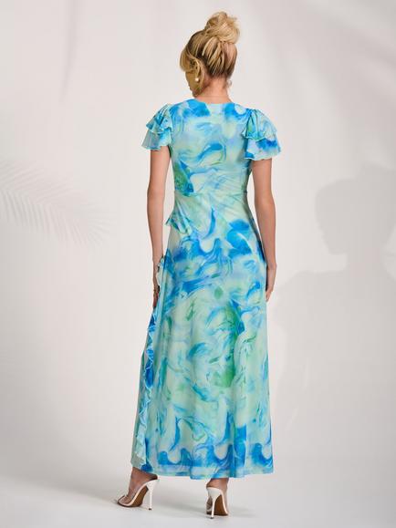 Jolie Moi V-Neck Ruffle Maxi Dress, Blue Abstract - view 2, Blue Abstract