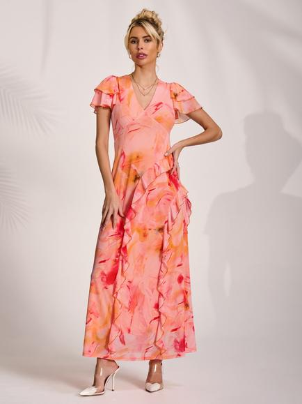 Jolie Moi V-Neck Ruffle Mesh Dress, Orange Abstract, Orange Abstract