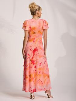 Jolie Moi V-Neck Ruffle Mesh Dress, Orange Abstract - view 2, Orange Abstract