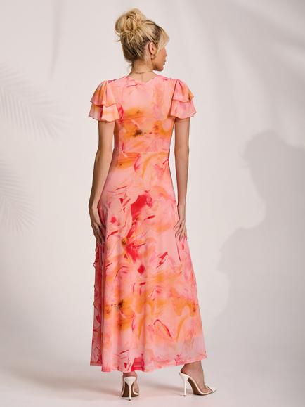 Jolie Moi V-Neck Ruffle Mesh Dress, Orange Abstract - view 2, Orange Abstract