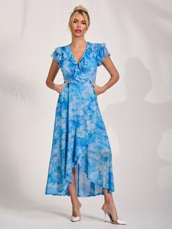 Jolie Moi V-Neck Ruffle Maxi Dress, Blue Floral, Blue Floral