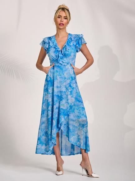 Jolie Moi V-Neck Ruffle Maxi Dress, Blue Floral, Blue Floral