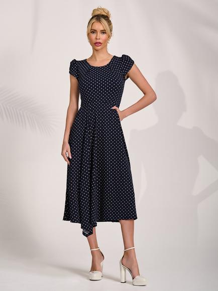 Jolie Moi Round Neck Pleat Detail Midi Dress, Navy Spot, Navy Spot