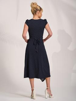 Jolie Moi Round Neck Pleat Detail Midi Dress, Navy Spot - view 2, Navy Spot