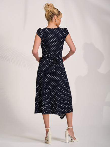 Jolie Moi Round Neck Pleat Detail Midi Dress, Navy Spot - view 2, Navy Spot