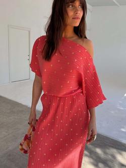 Never Fully Dressed Tilly Plisse Off Shoulder Dress, Coral/Gold