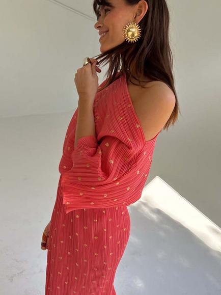 Never Fully Dressed Tilly Plisse Off Shoulder Dress - view 2, Coral/Gold