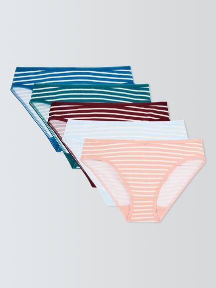 John Lewis Stripe Print Cotton Rich Bikini Knickers, Pack of 5, Multi, Multi