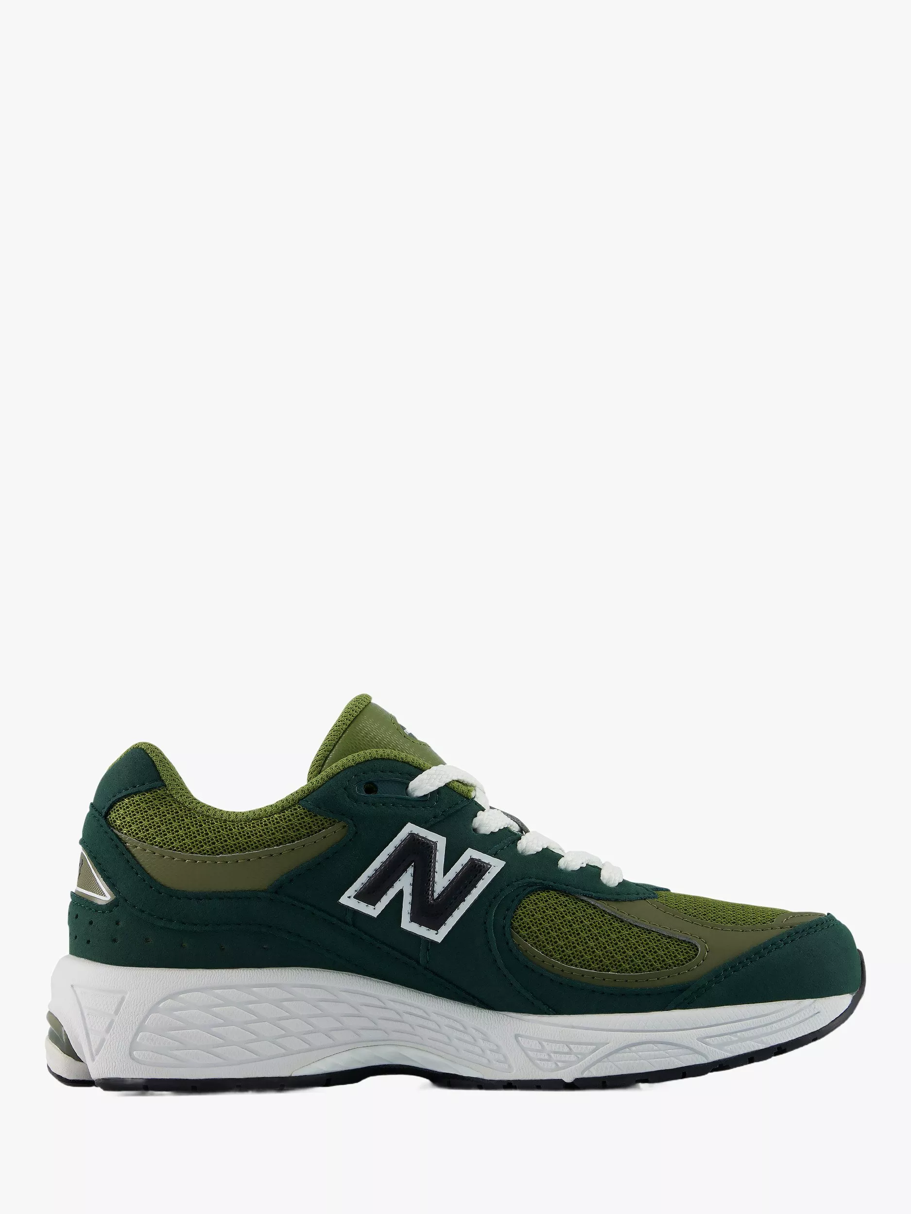 Green and dark teal New Balance trainer with white laces and cushioned sole, side profile on white background