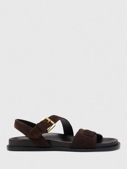 Whistles Asymmetric Buckle Suede Strappy Sandals, Chocolate, Brown