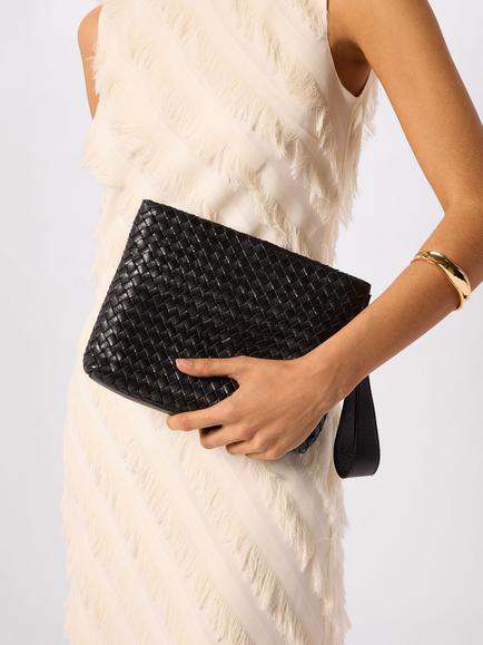 Whistles Avah Woven Leather Clutch Bag, Black - view 2, Black
