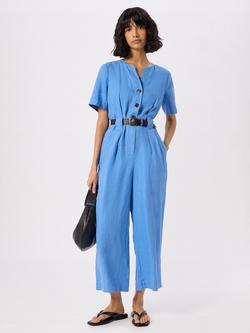 Whistles Fiona Linen Button Front Jumpsuit, Blue, Blue