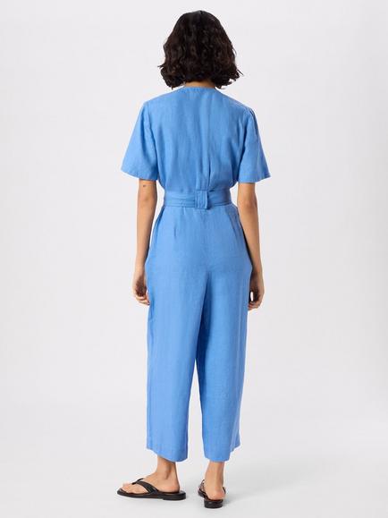 Whistles Fiona Linen Button Front Jumpsuit, Blue - view 2, Blue