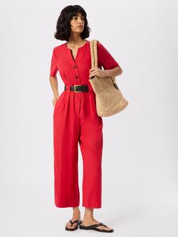 Whistles Fiona Linen Button Front Jumpsuit, Red, Red