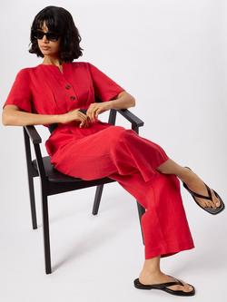 Whistles Fiona Linen Button Front Jumpsuit, Red - view 2, Red