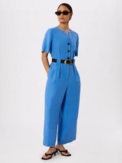 Whistles Petite Fiona Linen Button Front Jumpsuit, Blue, Blue