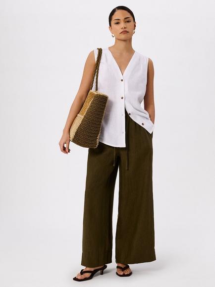 Whistles Elastic Waist Pure Linen Trousers - view 2, Khaki