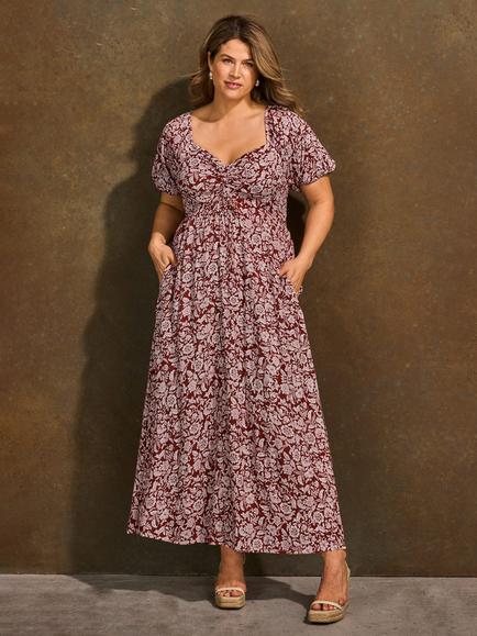 Live Unlimited Ruched Floral Midaxi Dress, Red, Red