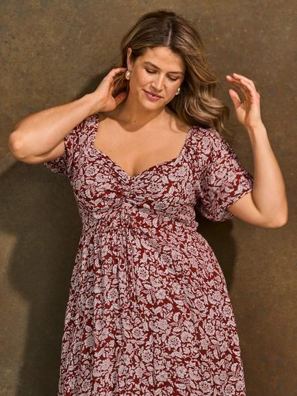 Live Unlimited Ruched Floral Midaxi Dress, Red - view 2, Red