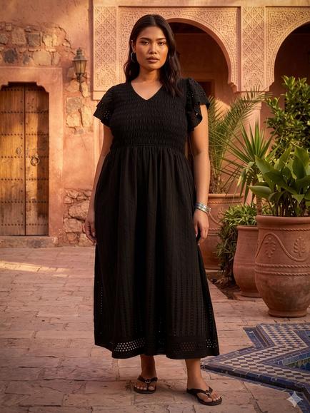 Live Unlimited Shirred Broderie Cotton Short Sleeve Maxi Dress, Black, Black