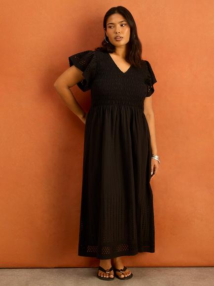 Live Unlimited Shirred Broderie Cotton Short Sleeve Maxi Dress, Black - view 2, Black