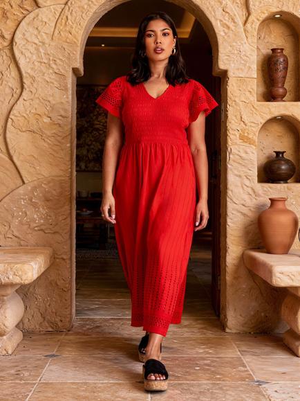 Live Unlimited Shirred Broderie Maxi Dress, Red, Red