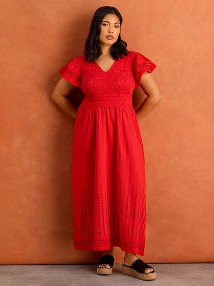 Live Unlimited Shirred Broderie Maxi Dress, Red - view 2, Red