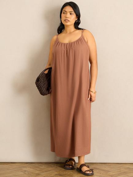 Live Unlimited Linen Blend Bobble Trim Maxi Dress, Brown, Brown