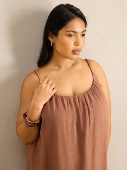 Live Unlimited Linen Blend Bobble Trim Maxi Dress, Brown - view 2, Brown