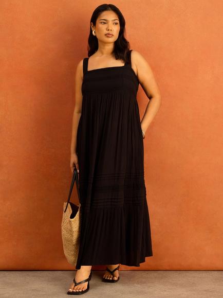Live Unlimited Lace Trim Crinkle Dress, Black