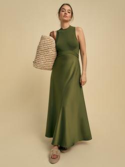 FLORERE Rib Knit Bodice Satin Dress, Khaki, Khaki