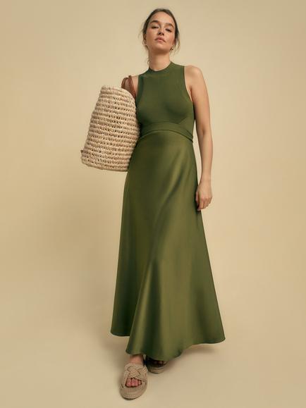 FLORERE Rib Knit Bodice Satin Dress, Khaki, Khaki
