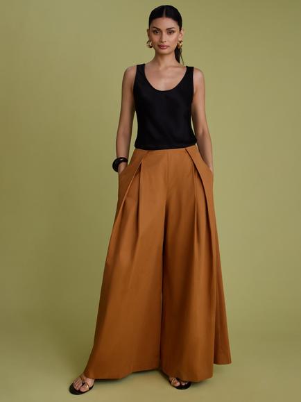 FLORERE Pleat Front Wide Leg Trousers, Ochre