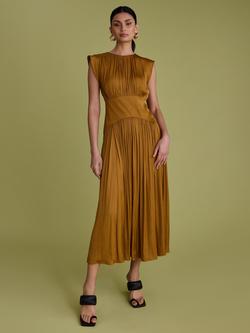 FLORERE Waist Panel Satin Midi Dress, Ochre, Ochre