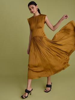 FLORERE Waist Panel Satin Midi Dress, Ochre - view 2, Ochre