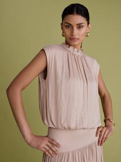 FLORERE Frill Blouson Satin Top, Stone, Stone
