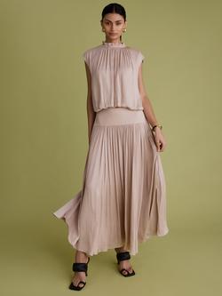 FLORERE Curved Satin Midi Skirt, Stone, Stone
