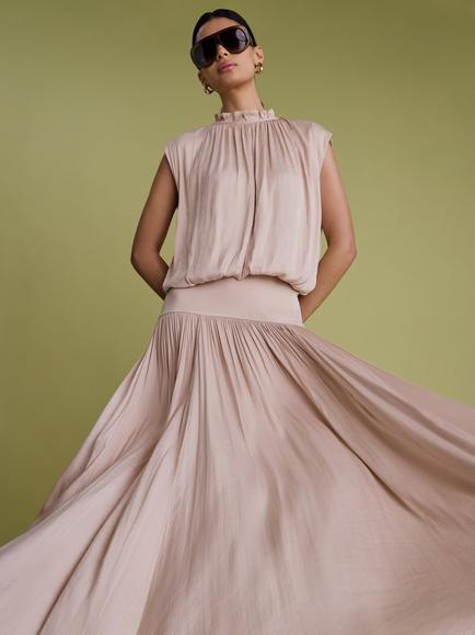 FLORERE Curved Satin Midi Skirt, Stone - view 2, Stone