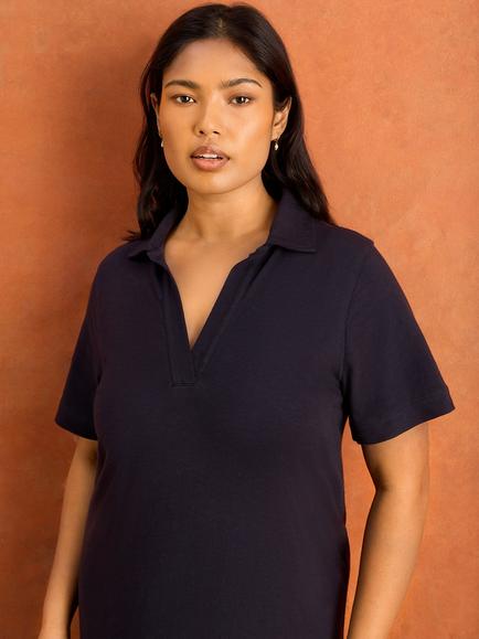 Live Unlimited Petite Polo Collar Jersey Neck Dress, Blue - view 2, Blue