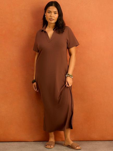 Live Unlimited Polo Collar Jersey Dress, Brown - view 2, Brown