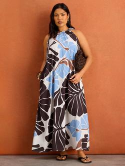 Live Unlimited Halterneck Tropical Midaxi Dress, Brown, Brown