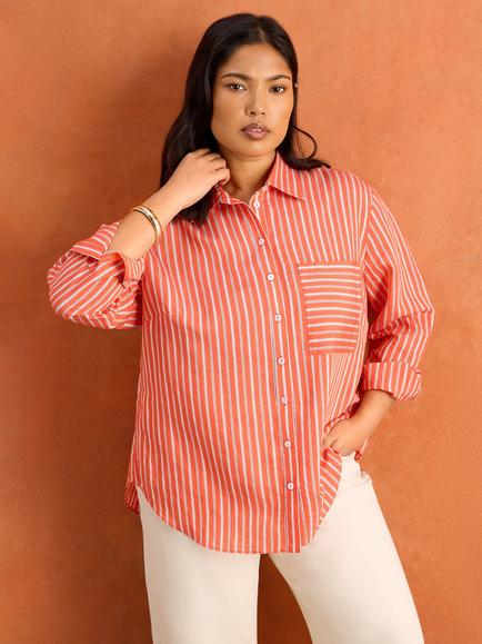 Live Unlimited Stripe Long Sleeve Patch Pocket Shirt, Red, Red